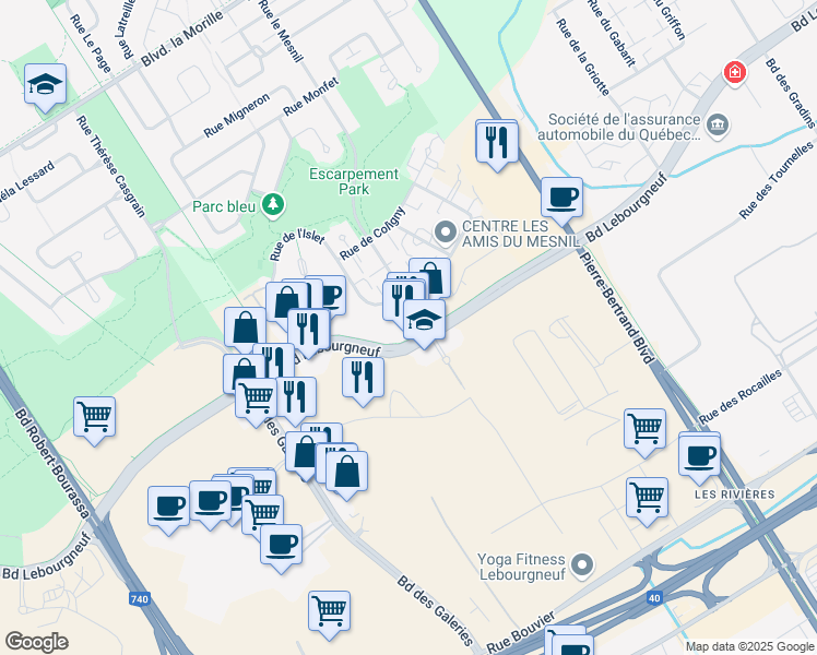 map of restaurants, bars, coffee shops, grocery stores, and more near 1150 Boulevard Lebourgneuf in Québec