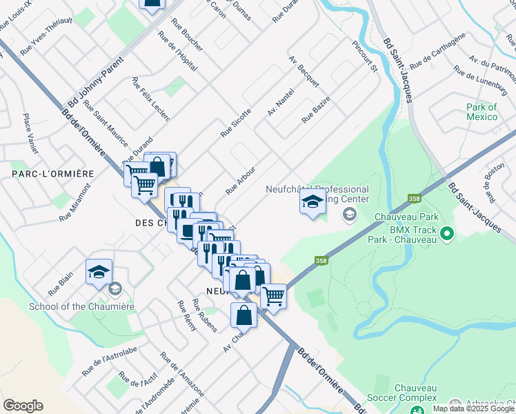 map of restaurants, bars, coffee shops, grocery stores, and more near 3765 Rue Pincourt in Ville de Québec