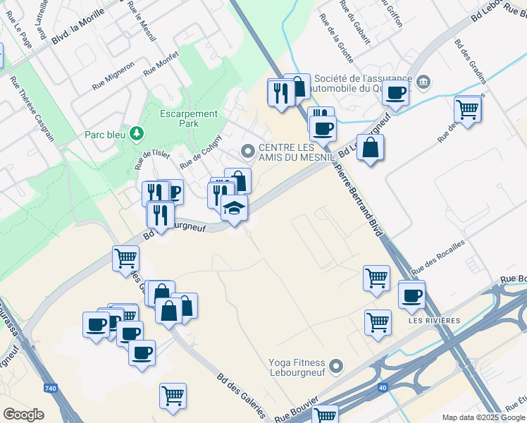 map of restaurants, bars, coffee shops, grocery stores, and more near 1049-1105 Boulevard Lebourgneuf in Quebec
