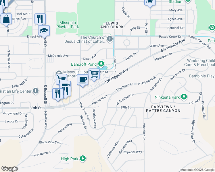 map of restaurants, bars, coffee shops, grocery stores, and more near 801 Crestmont Way in Missoula