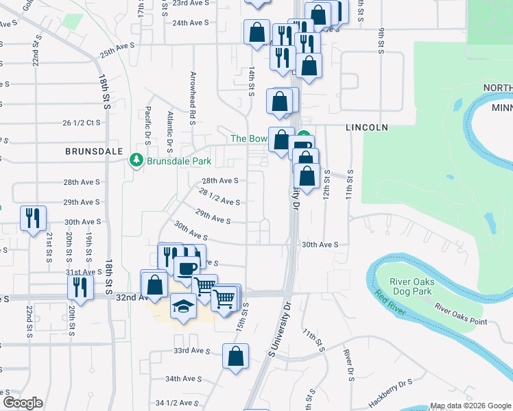 map of restaurants, bars, coffee shops, grocery stores, and more near 2826 15th Street South in Fargo