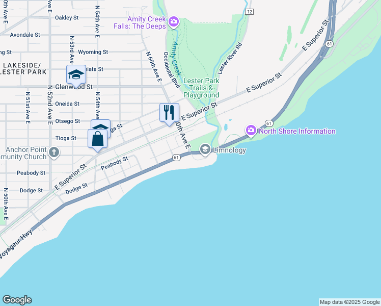 map of restaurants, bars, coffee shops, grocery stores, and more near 93 South 60th Avenue East in Duluth