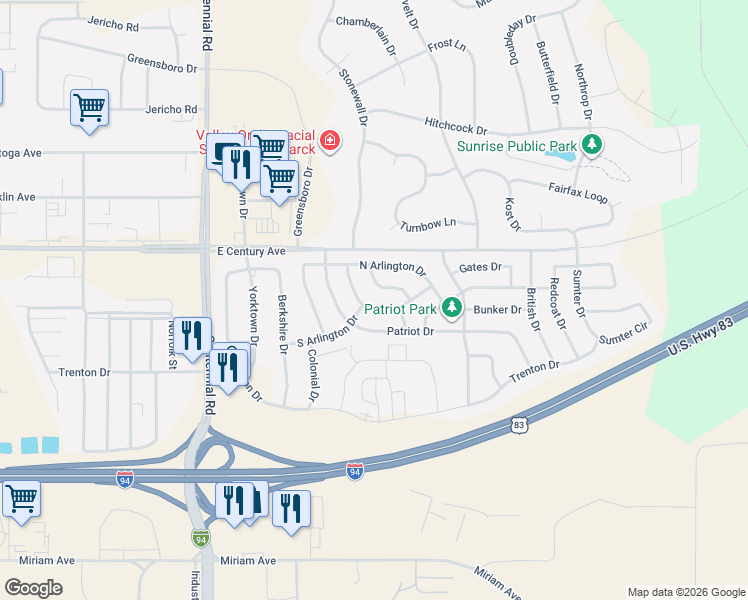 map of restaurants, bars, coffee shops, grocery stores, and more near 4251-4327 Claridge Loop in Bismarck
