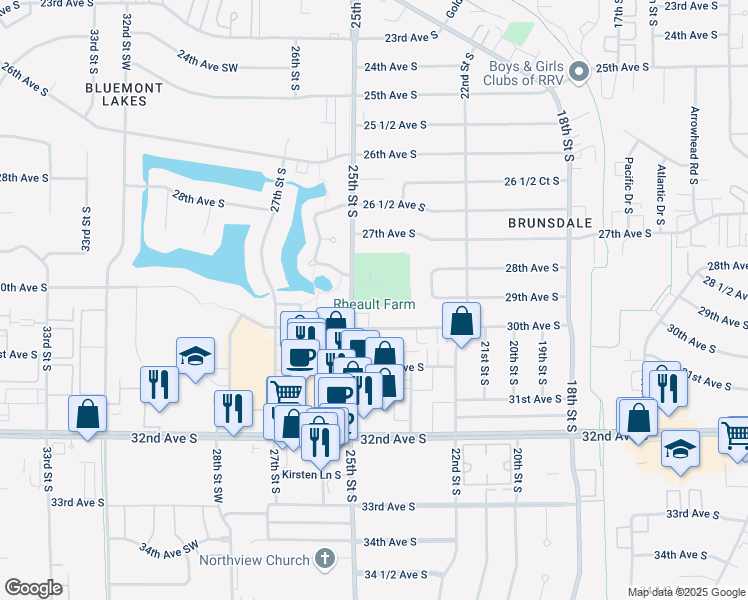 map of restaurants, bars, coffee shops, grocery stores, and more near 2902 25th Street South in Fargo