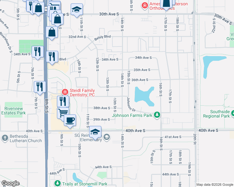 map of restaurants, bars, coffee shops, grocery stores, and more near 3705 15th Street South in Moorhead