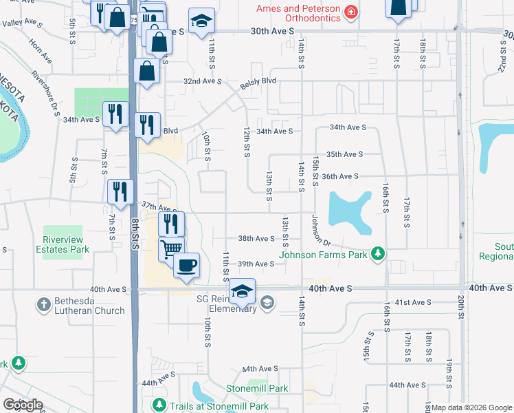 map of restaurants, bars, coffee shops, grocery stores, and more near 1203 37th Avenue South in Moorhead