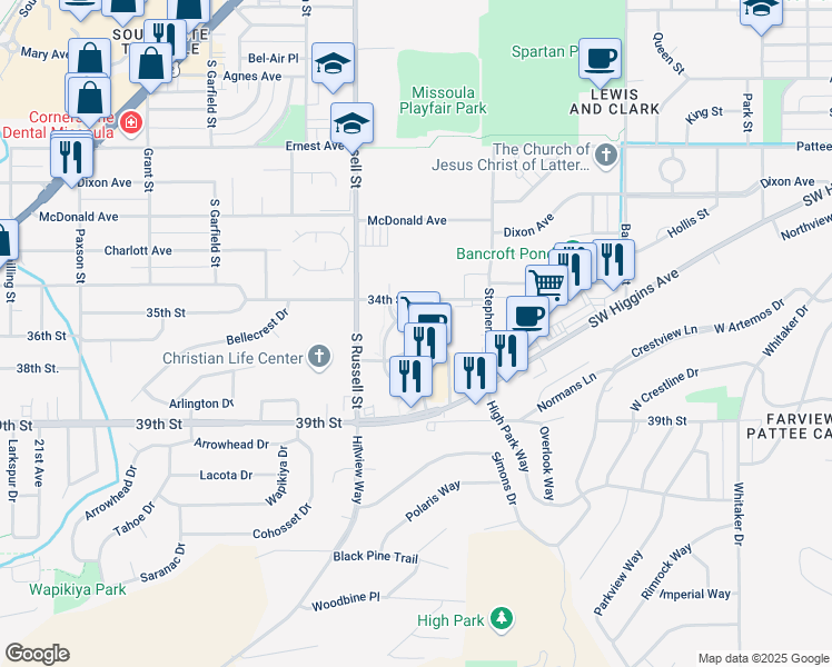 map of restaurants, bars, coffee shops, grocery stores, and more near Albertson Access Road in Missoula