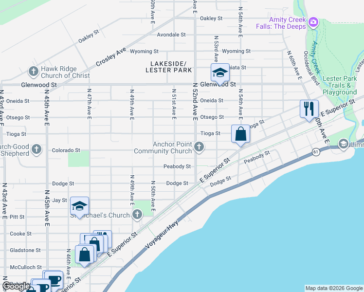 map of restaurants, bars, coffee shops, grocery stores, and more near 5122 Colorado Street in Duluth