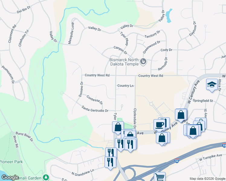 map of restaurants, bars, coffee shops, grocery stores, and more near 2614 Tyler Parkway in Bismarck