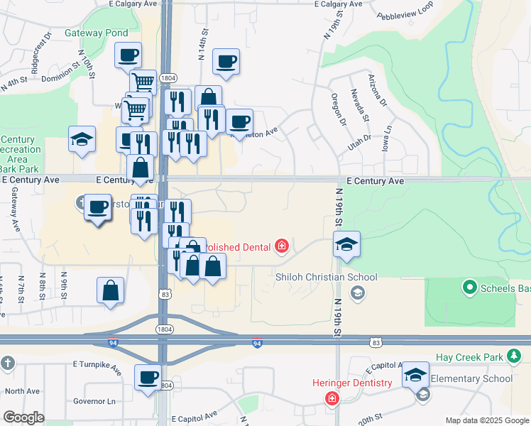map of restaurants, bars, coffee shops, grocery stores, and more near 1531 East Century Avenue in Bismarck