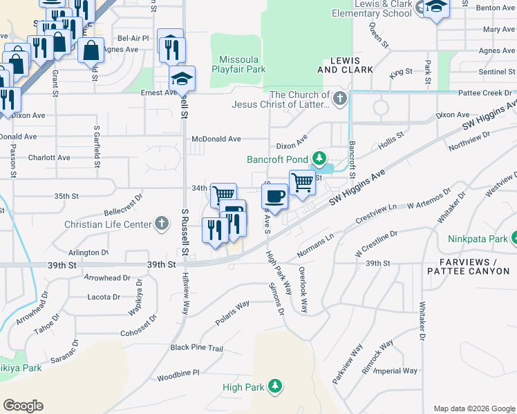 map of restaurants, bars, coffee shops, grocery stores, and more near 3819 Stephens Avenue South in Missoula