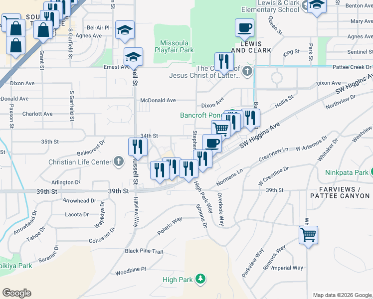 map of restaurants, bars, coffee shops, grocery stores, and more near 3819 Stephens Avenue South in Missoula