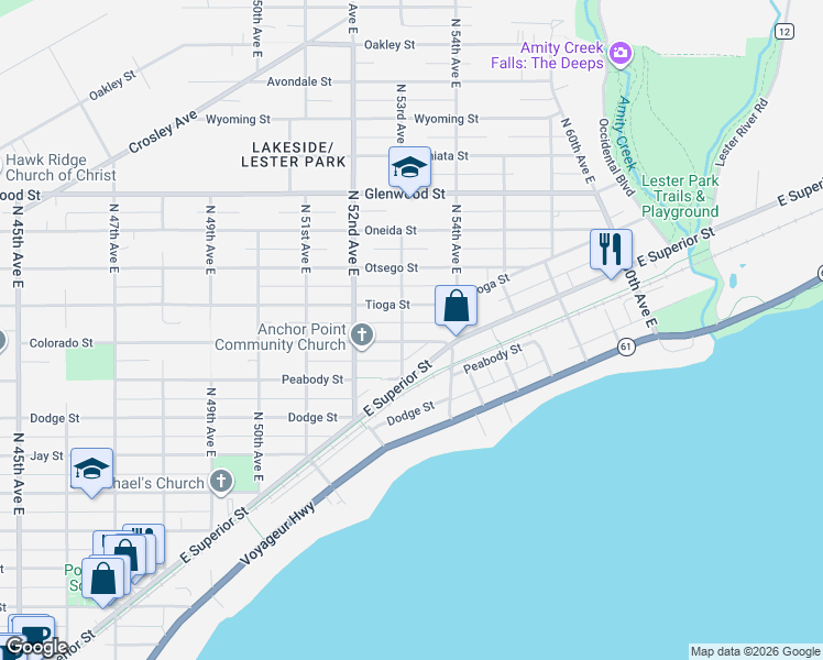 map of restaurants, bars, coffee shops, grocery stores, and more near 5315 East Superior Street in Duluth