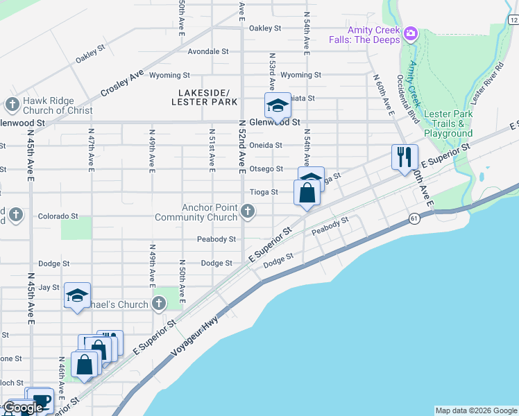 map of restaurants, bars, coffee shops, grocery stores, and more near 5220 Colorado Street in Duluth