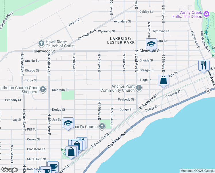 map of restaurants, bars, coffee shops, grocery stores, and more near 4908 Colorado Street in Duluth
