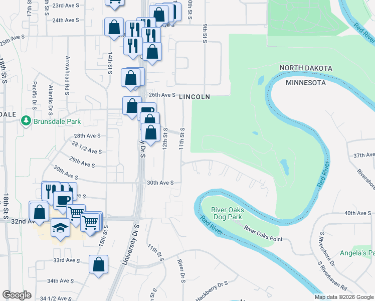 map of restaurants, bars, coffee shops, grocery stores, and more near 1021-1063 Southwood Drive in Fargo