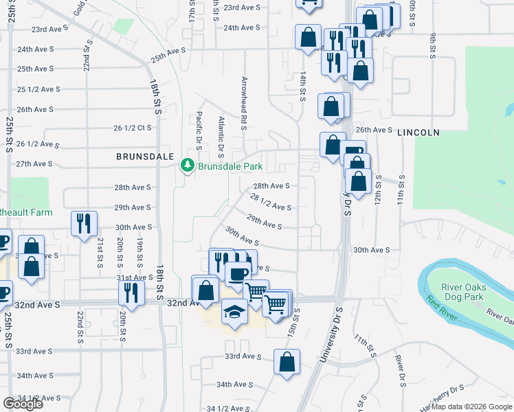 map of restaurants, bars, coffee shops, grocery stores, and more near 1601 29th Ave S in Fargo