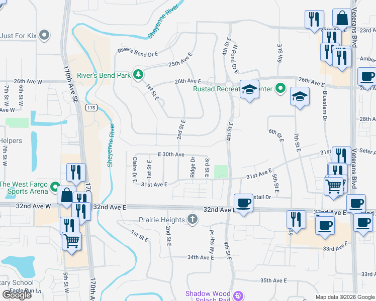 map of restaurants, bars, coffee shops, grocery stores, and more near 3010 Ridge Drive in West Fargo