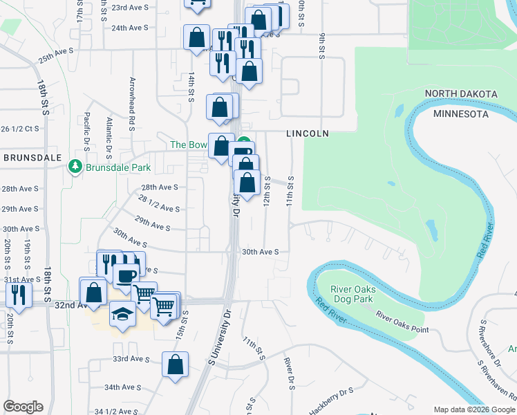 map of restaurants, bars, coffee shops, grocery stores, and more near 2902 South University Drive in Fargo