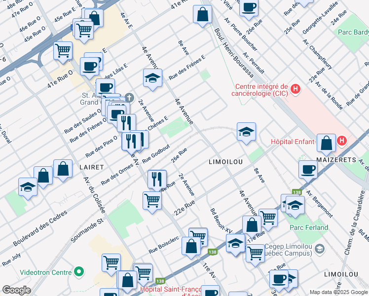 map of restaurants, bars, coffee shops, grocery stores, and more near 335 26e Rue in Québec City