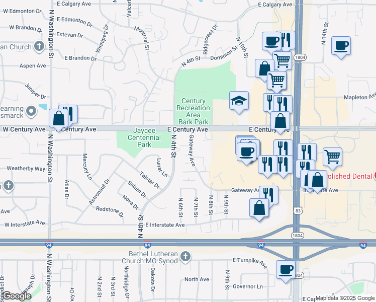 map of restaurants, bars, coffee shops, grocery stores, and more near 2738 Gateway Avenue in Bismarck