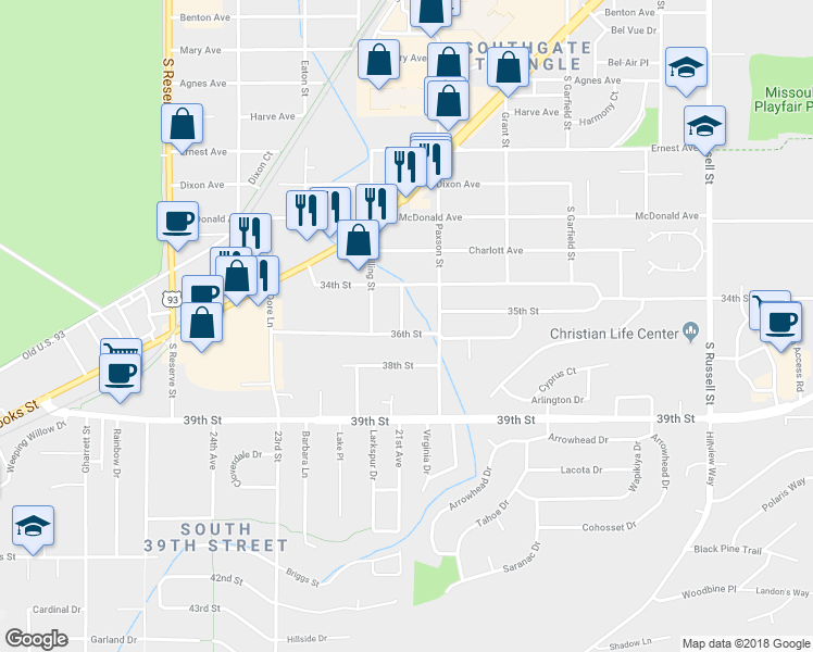 map of restaurants, bars, coffee shops, grocery stores, and more near 3712 Fassett Drive in Missoula