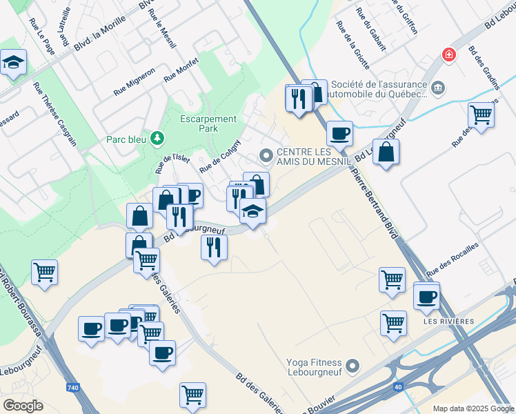 map of restaurants, bars, coffee shops, grocery stores, and more near 1150 Boulevard Lebourgneuf in Québec