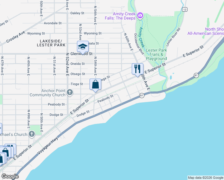 map of restaurants, bars, coffee shops, grocery stores, and more near 5715 East Superior Street in Duluth