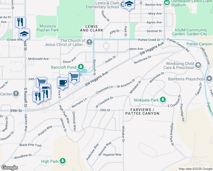 map of restaurants, bars, coffee shops, grocery stores, and more near 607 SW Higgins Ave in Missoula