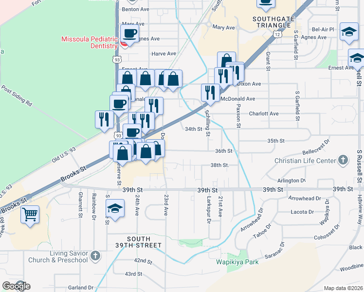 map of restaurants, bars, coffee shops, grocery stores, and more near 3600 Brooks Street in Missoula