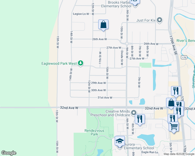 map of restaurants, bars, coffee shops, grocery stores, and more near 1109 Eaglewood Avenue in West Fargo