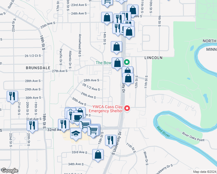map of restaurants, bars, coffee shops, grocery stores, and more near 2818 15th Street South in Fargo