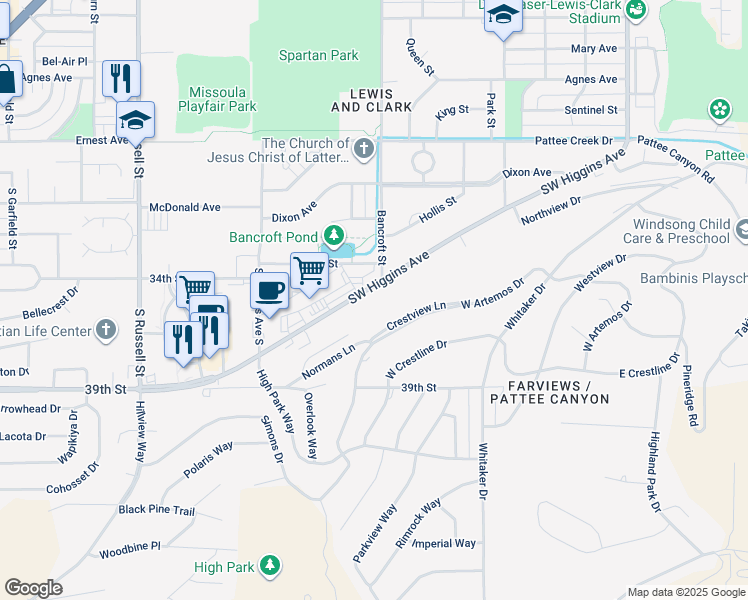 map of restaurants, bars, coffee shops, grocery stores, and more near 609 Southwest Higgins Avenue in Missoula