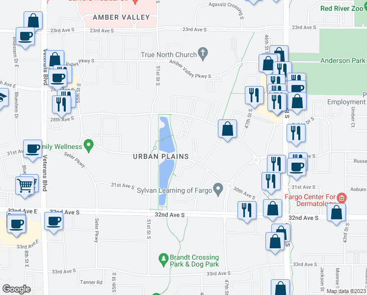 map of restaurants, bars, coffee shops, grocery stores, and more near 5000 28th Avenue South in Fargo