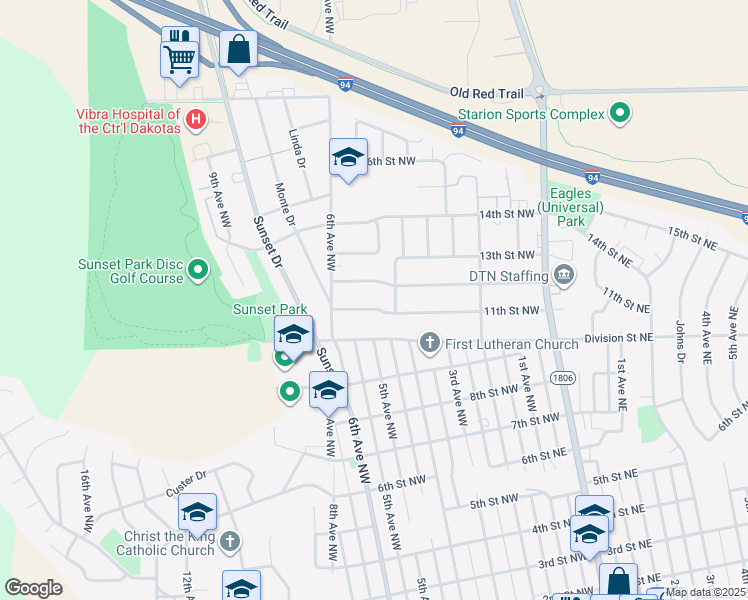 map of restaurants, bars, coffee shops, grocery stores, and more near 601 12th Street Northwest in Mandan