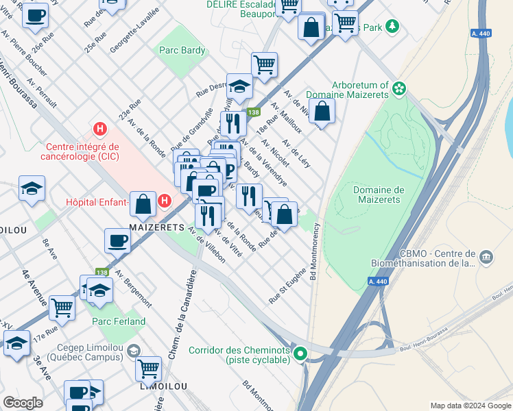 map of restaurants, bars, coffee shops, grocery stores, and more near 1524 Avenue Champfleury in Québec