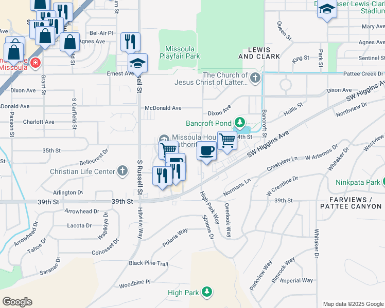 map of restaurants, bars, coffee shops, grocery stores, and more near in Missoula