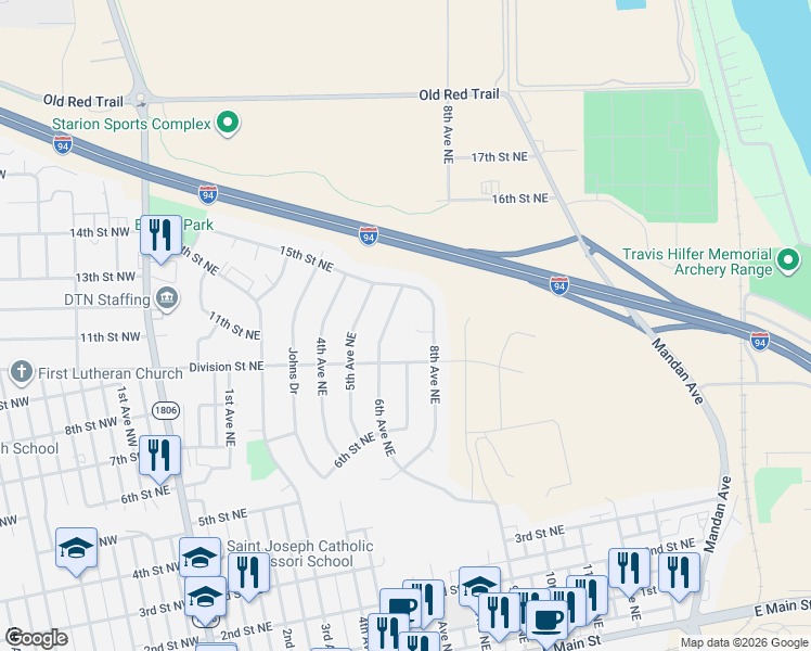 map of restaurants, bars, coffee shops, grocery stores, and more near 1304 6th Avenue Northeast in Mandan