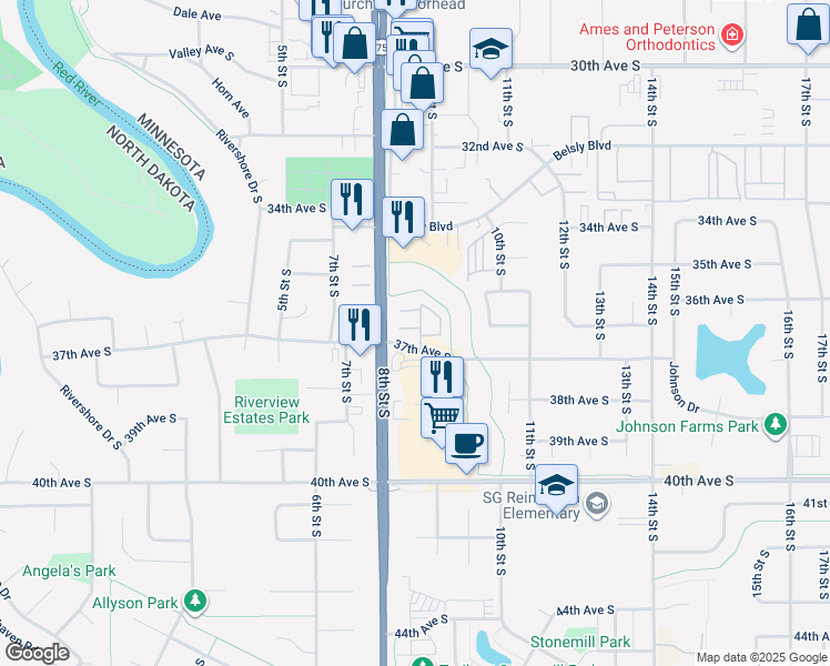 map of restaurants, bars, coffee shops, grocery stores, and more near 814 37th Avenue South in Moorhead