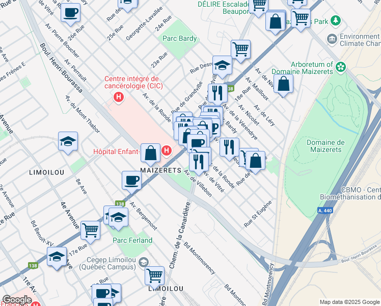 map of restaurants, bars, coffee shops, grocery stores, and more near 1510 18e Rue in Québec
