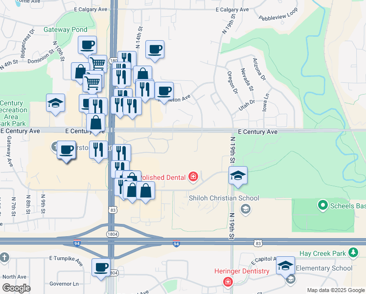 map of restaurants, bars, coffee shops, grocery stores, and more near 1601 East Century Avenue in Bismarck