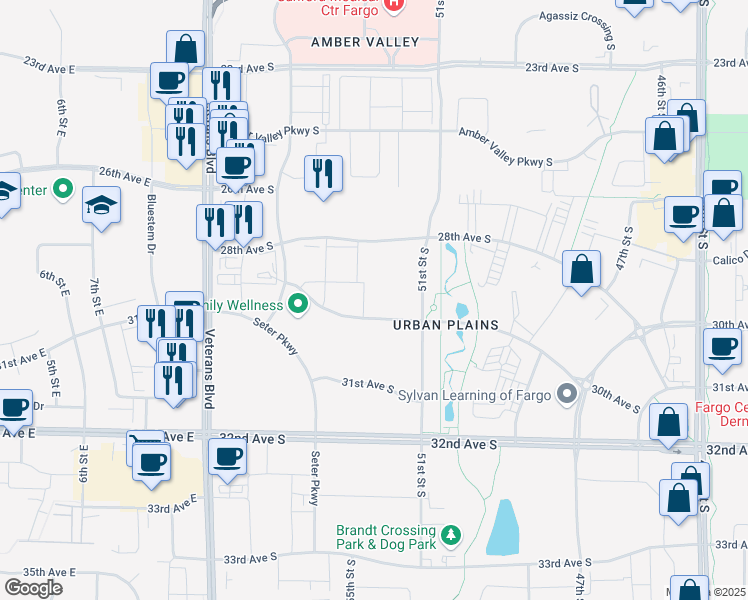 map of restaurants, bars, coffee shops, grocery stores, and more near 5345 30th Avenue South in Fargo