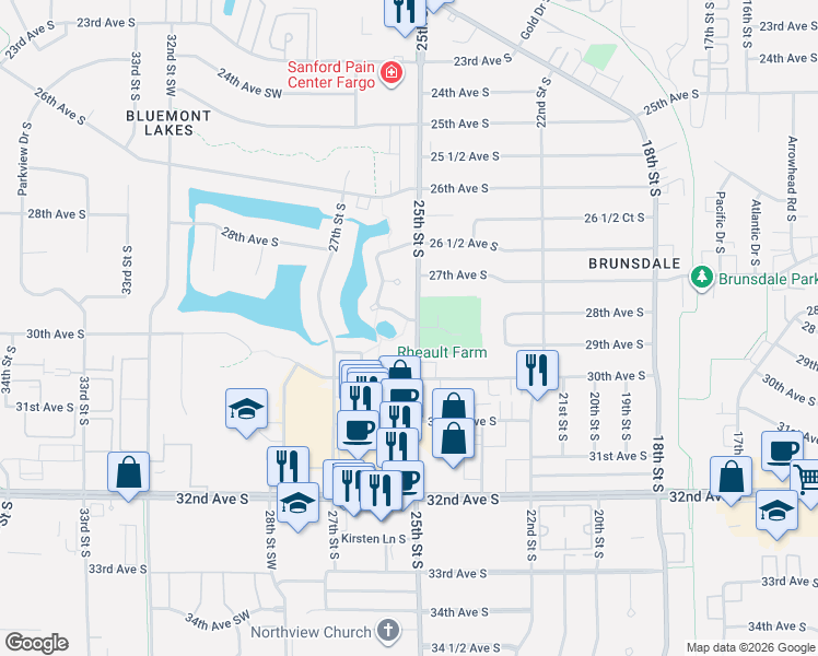 map of restaurants, bars, coffee shops, grocery stores, and more near 64 Freemont Drive Southwest in Fargo
