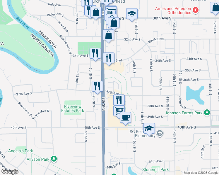 map of restaurants, bars, coffee shops, grocery stores, and more near 852 37th Avenue South in Moorhead
