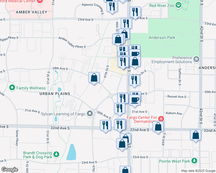 map of restaurants, bars, coffee shops, grocery stores, and more near 2742 47th Street South in Fargo