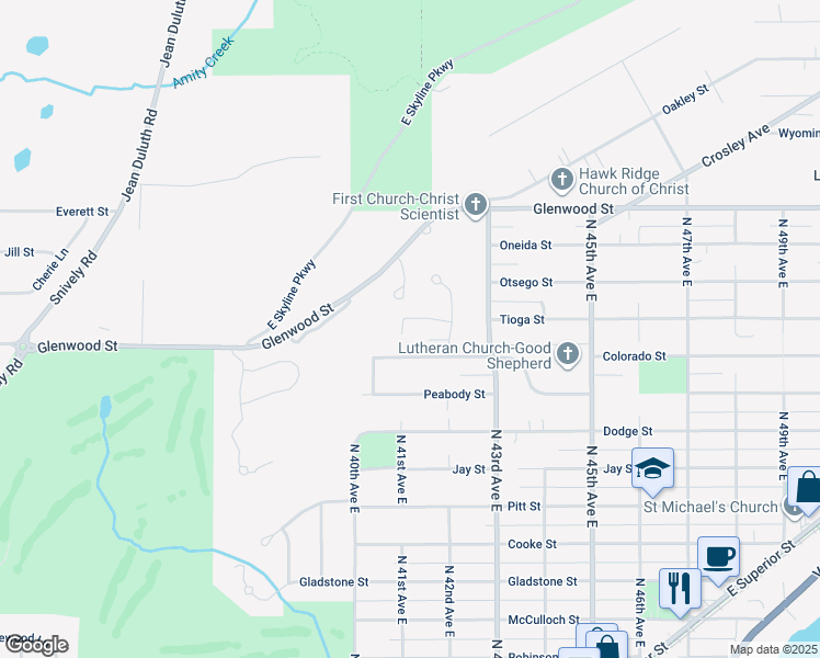 map of restaurants, bars, coffee shops, grocery stores, and more near 4106 Tioga Street in Duluth