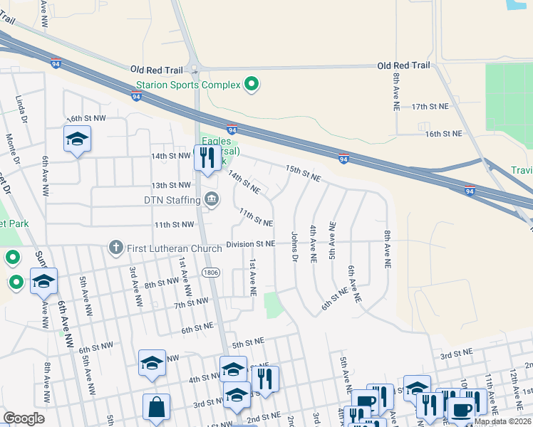 map of restaurants, bars, coffee shops, grocery stores, and more near 1303 3rd Avenue Northeast in Mandan