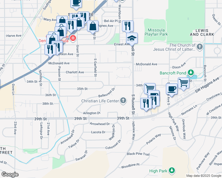 map of restaurants, bars, coffee shops, grocery stores, and more near 3707 Bellecrest Drive in Missoula