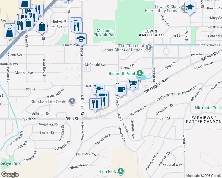 map of restaurants, bars, coffee shops, grocery stores, and more near in Missoula