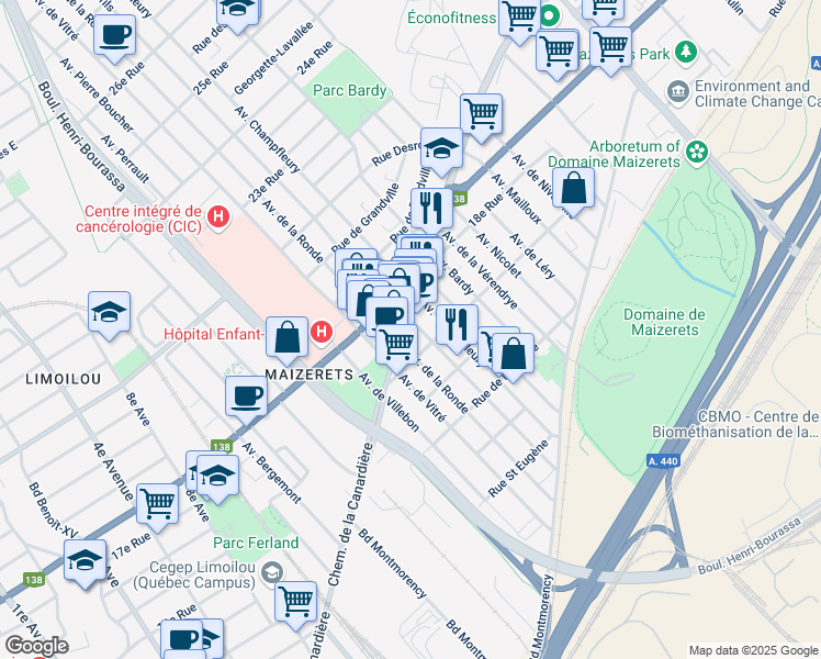 map of restaurants, bars, coffee shops, grocery stores, and more near 1790 Avenue Champfleury in Québec